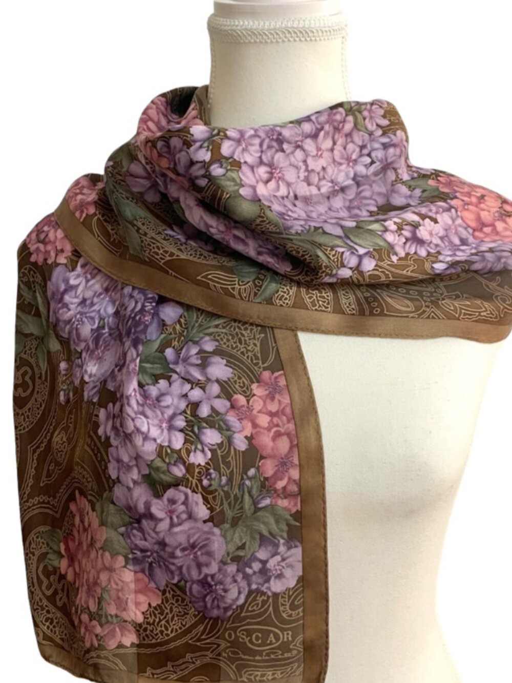 Oscar de la Renta Floral Silk Feel Oblong Scarf | Brown, Lavender & Pink